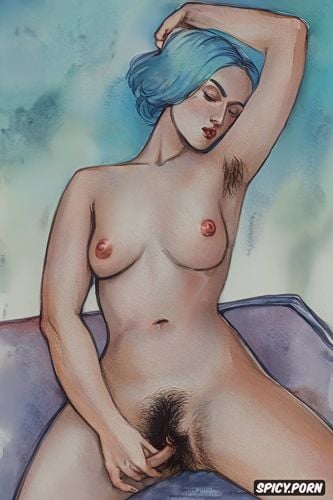 naked, pale blue haired young woman masturbating, wide hips