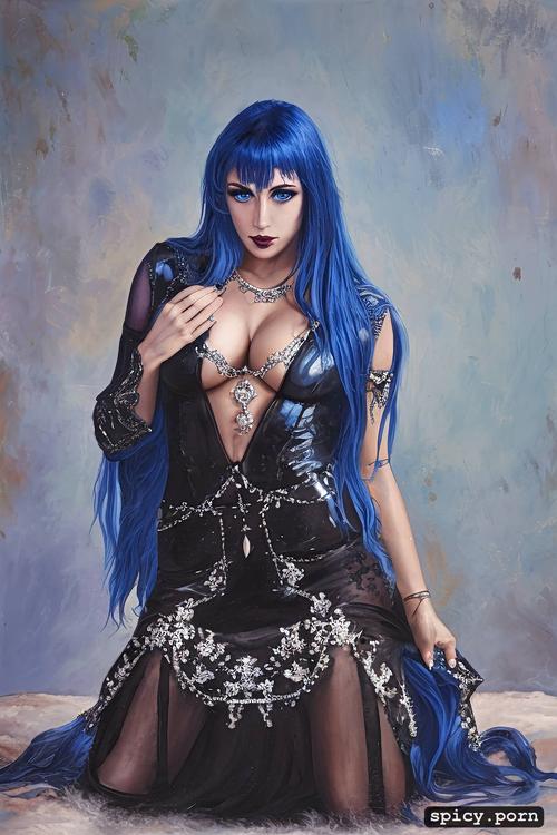 blue hair, gothic, caucasian, long hair, kneeling, 30 years