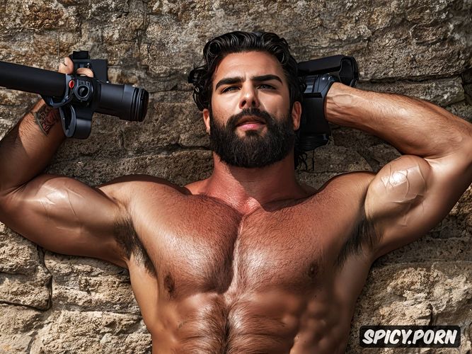 naked athletic italian man, muscular, 30 years old big dick big erect penis