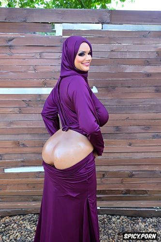 lift her abaya up showing her larg booty, tanned oiled skin