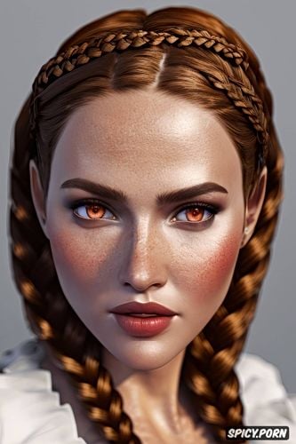 no make up, bethany hawke dragon age beautiful face pale kissed skin long soft dark red hair in twin braids