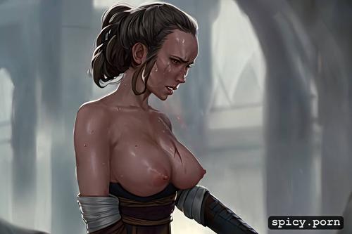 shot from star wars episode 8, big bouncing tits sweaty, embarrassed shocked blushing angry jedi sith rey skywalker covering her nipples with her hands