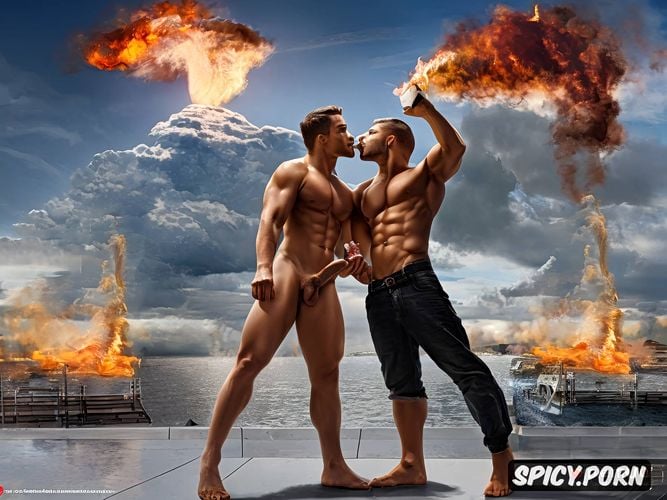 two giant huge nude naked undressed gay bodybuilder hunks, evil smile