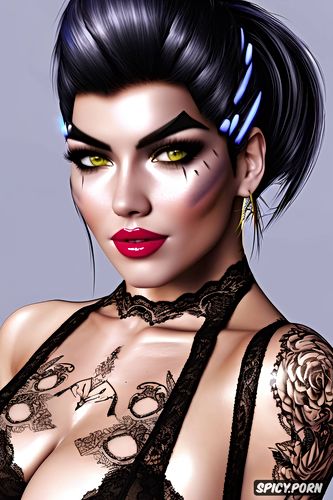 ultra detailed, widowmaker overwatch tight low cut one piece lace french mair corset milf full lips tattoos beautiful face portrait muscles