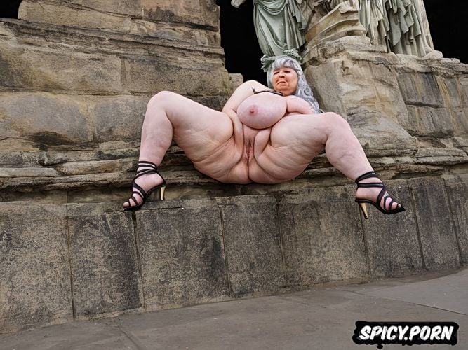 fat naked old woman of, poses like the statue of liberty seen in full body showing her well detailed obese body