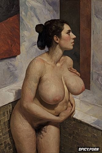 post impressionist fauves erotic art, women in humid bathroom with fingertip nipple touching breasts tiled bathing