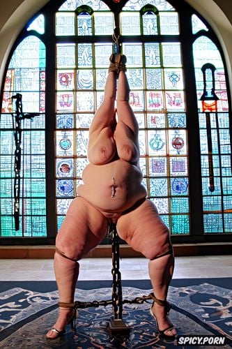 chains, open fat pussy, saggy oversized tits, bdsm, pierced nipples oversized hanging enormous belly