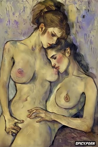 women in darkened bedroom with fingertip nipple touching breasts candle dappled intimate tender lips modern post impressionist fauves erotic art