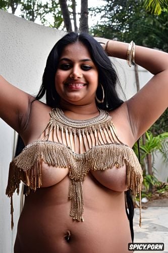 beautiful smiling face, front view, narrow waist, huge hanging tits