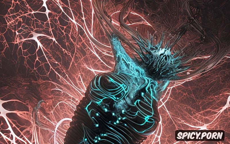 spines, sci fi, digital art, bioluminescent, naked, chubby, biomechanical