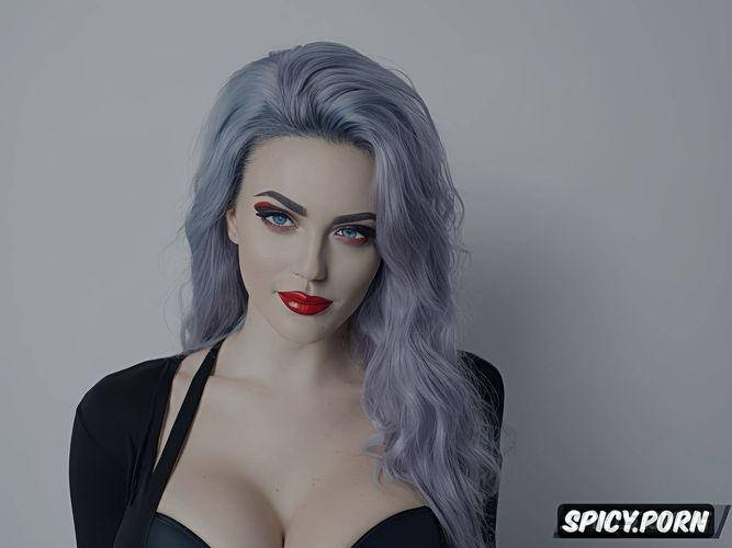 blue hair, black lady, fit body, perfect face, featureless gray background