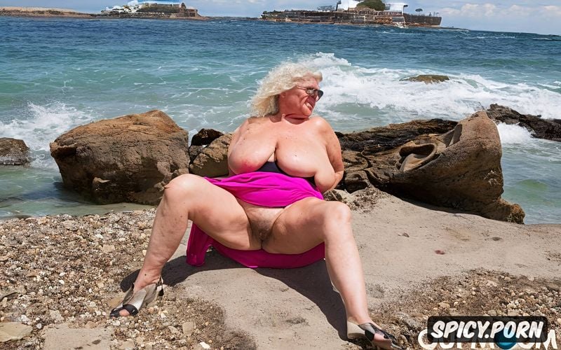 by the sea, wrinkled, topless, ninety year old, very very old granny
