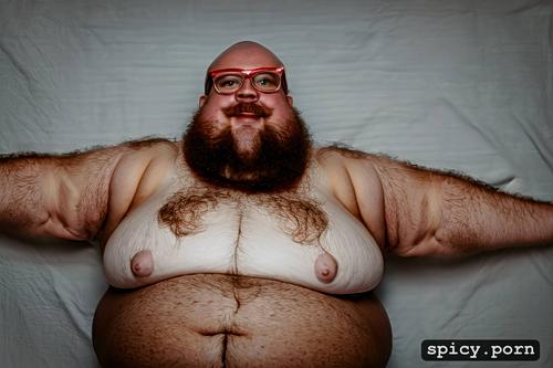whole body, cute round face with beard and glasses, super obese chubby man