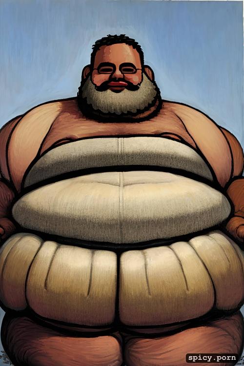 short blond hair, round face with beard, super obese chubby man