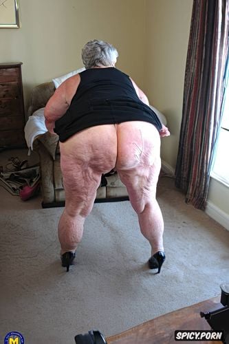 best quality, intricate, huge massive saggy ass, squatting, old slut face turned sideways white