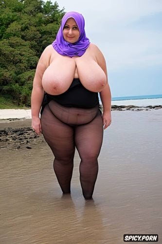 beach nude, hijab, string tights, bright soft colors, huge tits