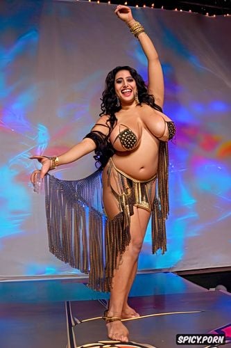 performing on stage, full body view, long black wavy hair, huge natural boobs