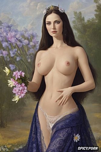 shaved pussy, detailed, puffy long nipples, with a halo of flowers around her head