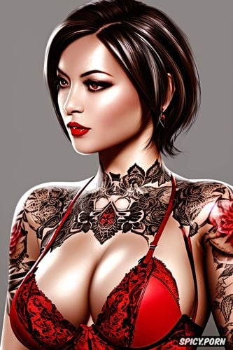 high resolution, ada wong resident evil beautiful face young sexy low cut red lace lingerie