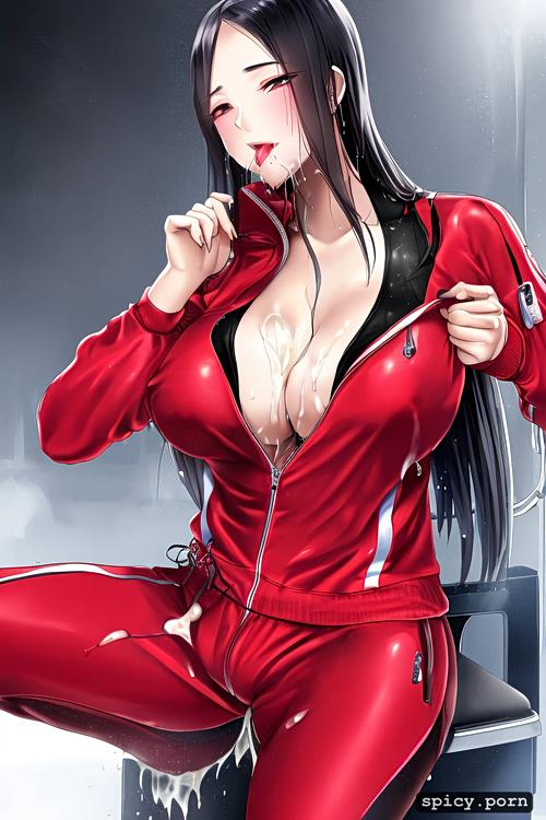 dripping wet saliva, shot on dslr, glossy red lips, pinched nipples poking through tracksuit