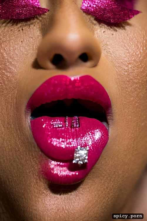diamond stud jewel resting on a womans long tongue