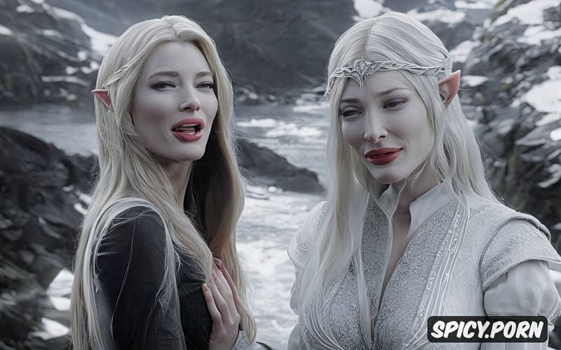the two towers, huge natural tits, lesbian mouth play, elven whores making out