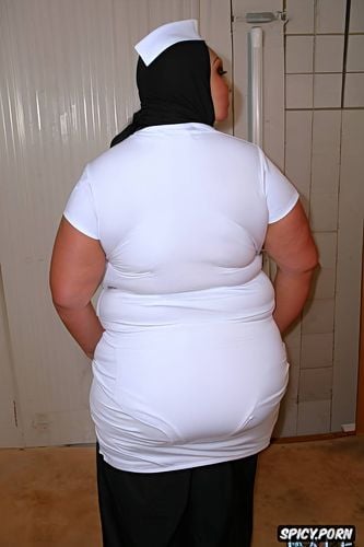 fat syrian whorish face, bra lines in the back, nurse with hijab