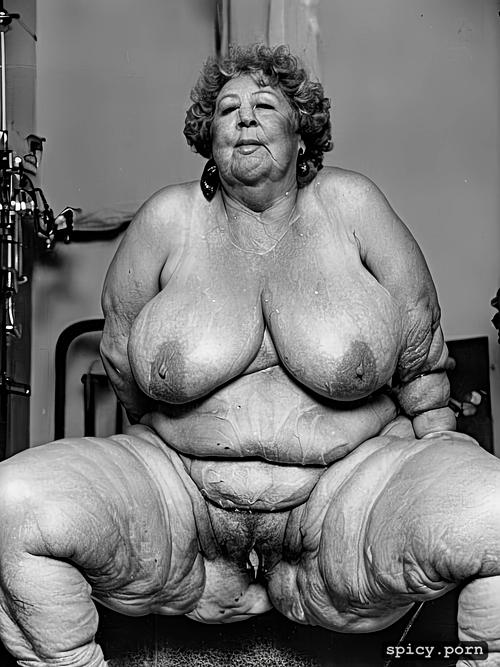 fat granny, 70 year old, wrinkled body, mouth wide open, nude