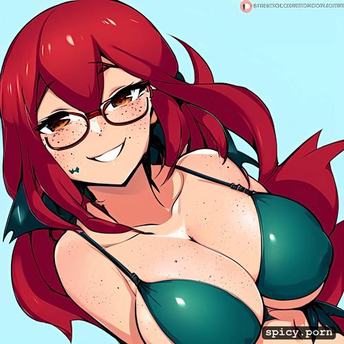 succubus tattoo, 18 years old, teal bikini, red hair freckles