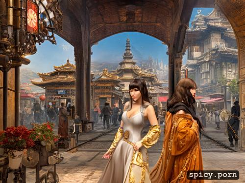 medieval steampunk city, shaolin, digital painting, martial artists