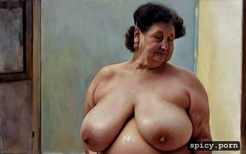 beautiful detailed face, big fat hanging boobs, pregnant, super obese british old granny