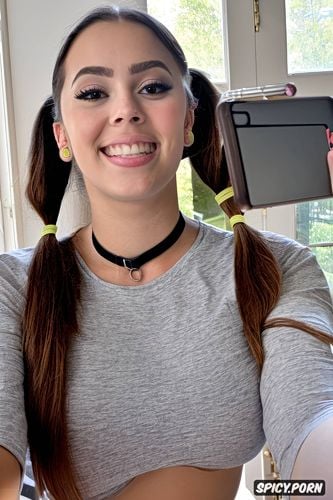 real amateur selfie, busty, cum on shirt, choker, bracelets