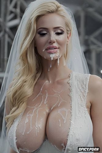 highres, covered in cum, busty natural caucasian 20 years old wearing wedding dress with cum on face and boobs