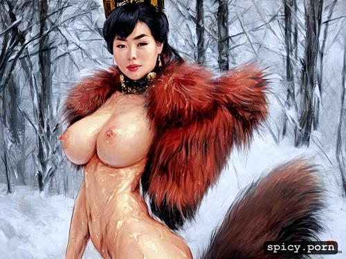 small boobs, sweaty, chinese woman, art by da zhong zhang, wearing a fox fur coat