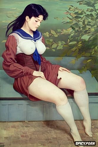 john singer sargeant oil painting, small delicate breasts, fat thighs