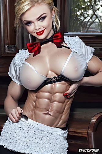 no bra, 18 years gorgeous muscular female waitress, flirtatious smile