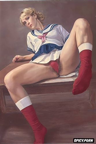 upskirt, pink nipples, fat thighs, high socks, portrait, hegre art