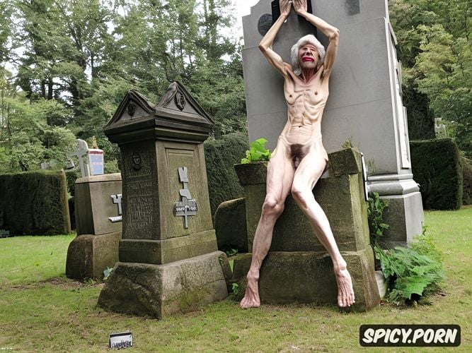 cemetery, zombie, empty tits, skeletal, showing very hairy armpits