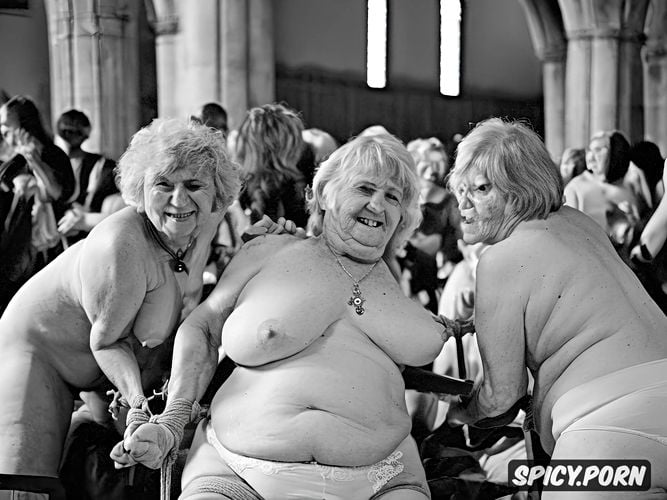 church choir, stained glass windows, grannies, bondage, looking in camera