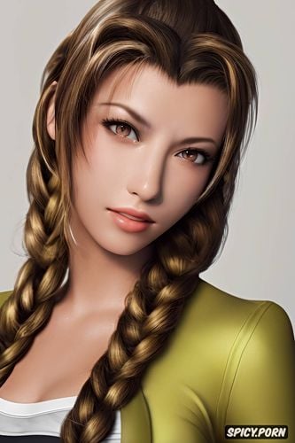 k shot on canon dslr, ultra detailed, masterpiece, aerith gainsborough final fantasy vii rebirth black medical scrubs shirt open soft lights beautiful face portrait