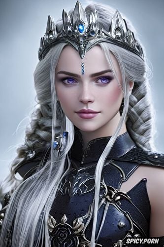 female knight, soft purple eyes, tiara, 19 years old, full lips