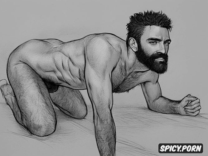 professional pencil sketch of one alone bearded naked hairy man homoerotic big shiny testicles big dangling uncut penis thick natural eyebrows arabian arab male on all fours ass up sweating showing hairy ass perfect face highest quality hands feet masterful composition soft lighting