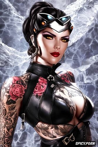 tattoos masterpiece, ultra detailed, widowmaker overwatch beautiful face milf sexy low cut leather mistress outfit