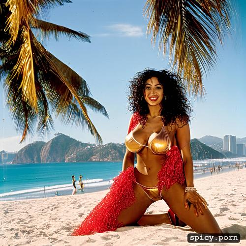 8k, beautiful, voluptuous christy canyon performing as rio carnival dancer at copacabana beach erect nipples