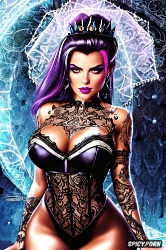 ultra detailed, ultra realistic, sombra overwatch sexy tight low cut black lace dress tiara tattoos beautiful face full lips milf full body shot