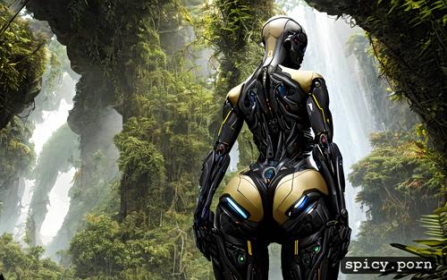 white, sci fi, back view, yellow, big spreading boobs, left hand on ass