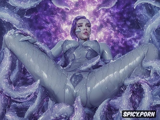 spread legs, living suit with small tentacles, photo, tentacle suit on her body tentacles as a choker mouth gagged by tentacles tied up by tentacles