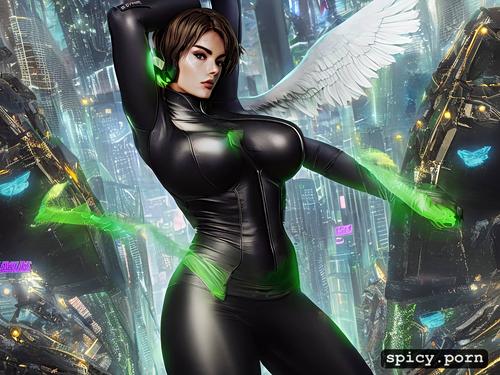 green miniskirt, black feathered wings, perfect athletic female fallen angel