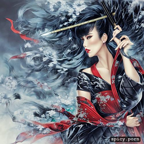 mistic, oriental, dragon, katana, kimono, black hair, red, beauty