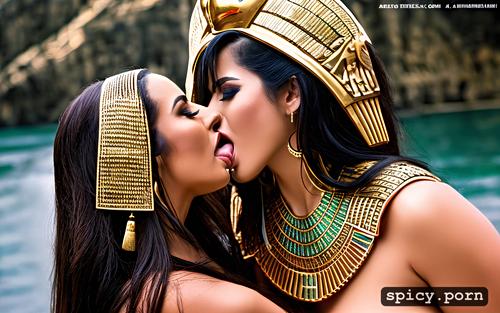 lesbian kissing, curvy brunette, full body, egyptian queen, 30 yo